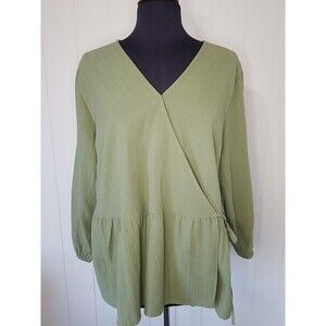 Time & Tru Shirt Top Womens Size XL 16/18 Green Faux Wrap Cotton
